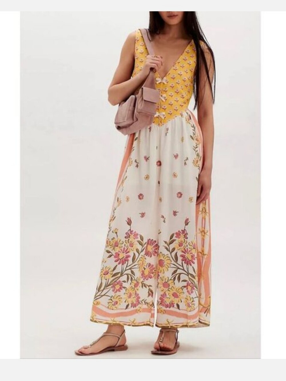Free People Bali Honeydew Ivory Combo Floral Wide Leg Jumpsuit
